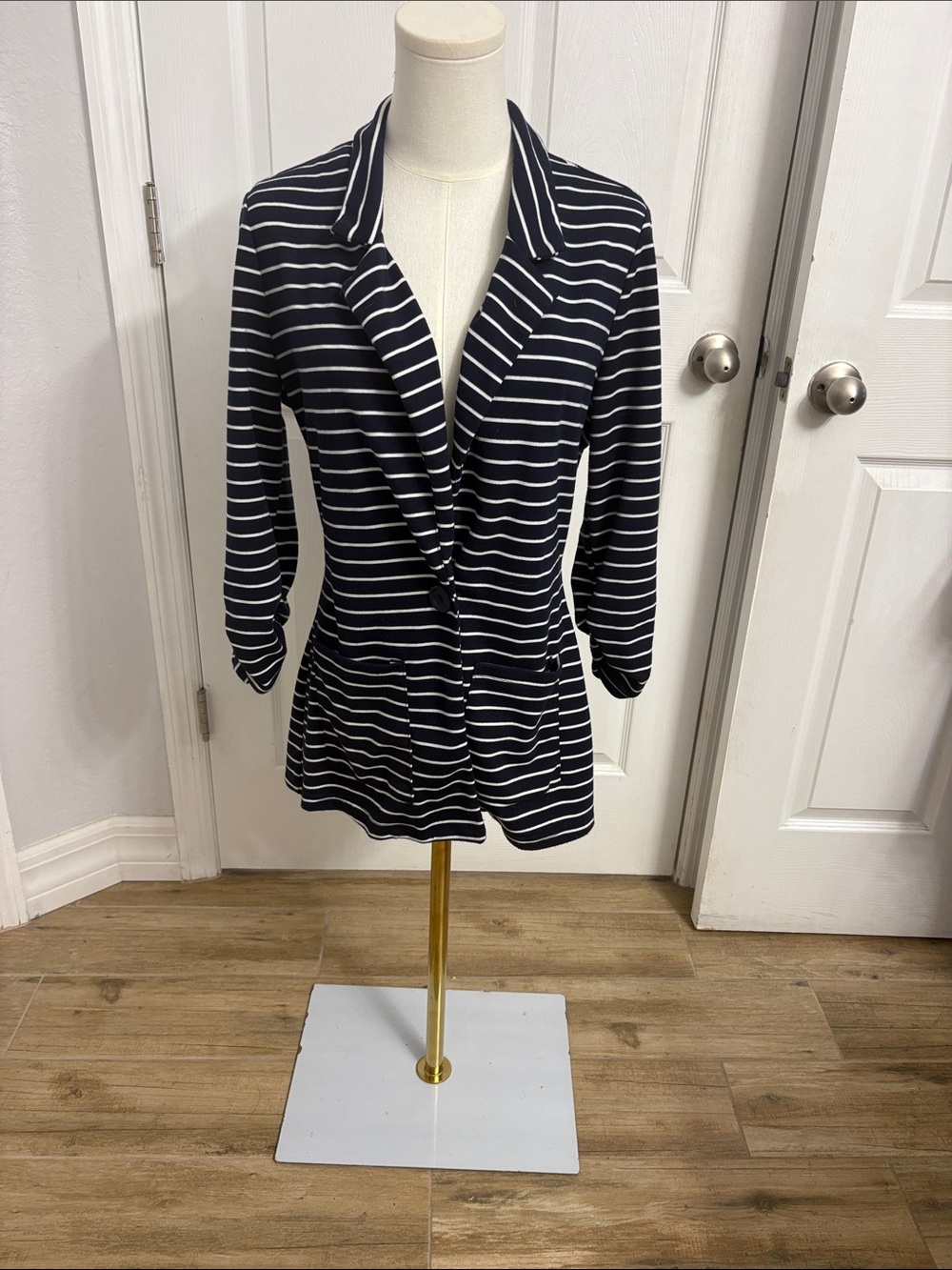 Striped Navy and White Knit Blazer
